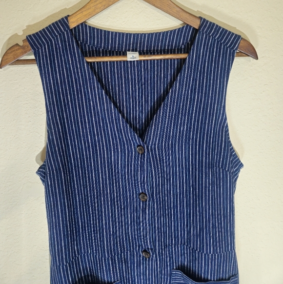 Old Navy Linen Blend Dress Womens Medium Blue White Nautical Stripe Patch Pocket - Picture 7 of 10